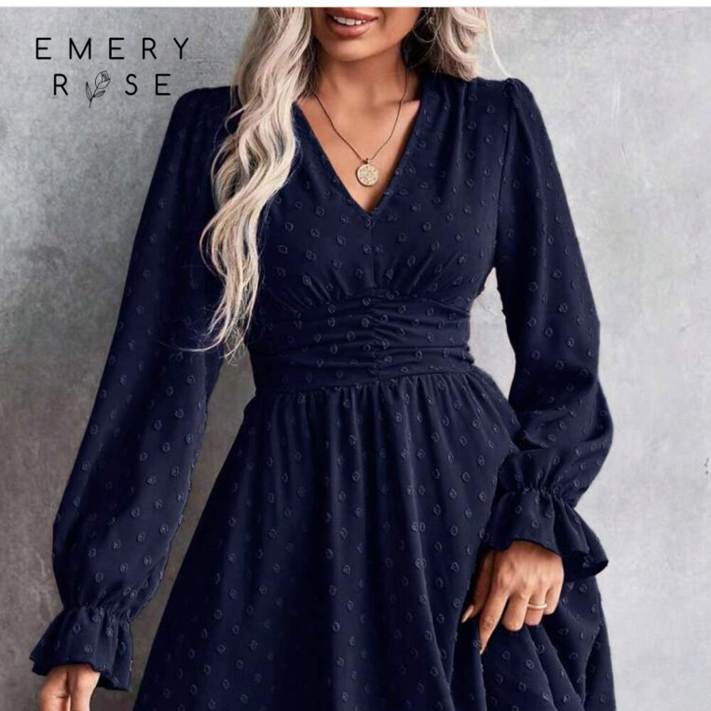 Emery Rose Swiss dot v neck long lantern sleeve jacquard flowy Dress